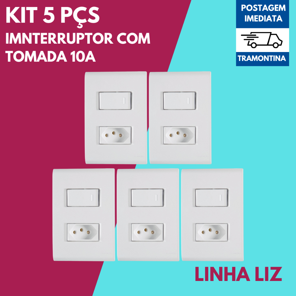 Kit 5 Conjuntos Interruptor + Tomada 10A Linha LIZ Tramontina Tomada + Tecla Apagador em Oferta na Shopee