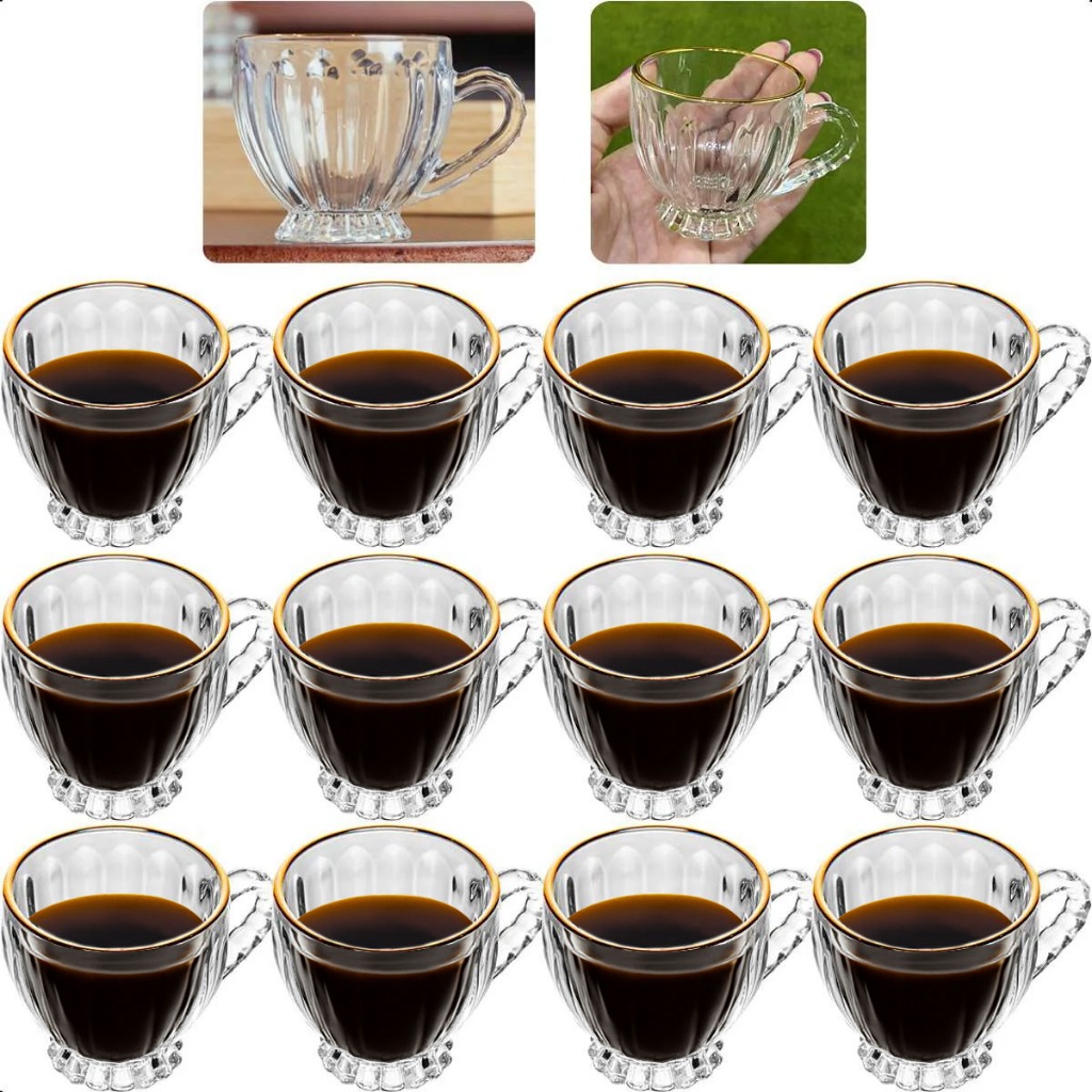 Kit 12 Xícaras De Cristal Café Chá 80mL Renaissance Com Fio De Ouro - Lyor