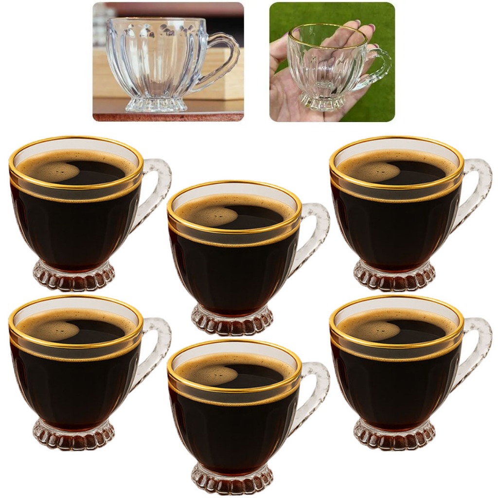 Jogo De 6 Xícaras De Cristal Com Bordas Dourada Fio de Ouro Café Chá Renaissance Luxo 80ml Lyor