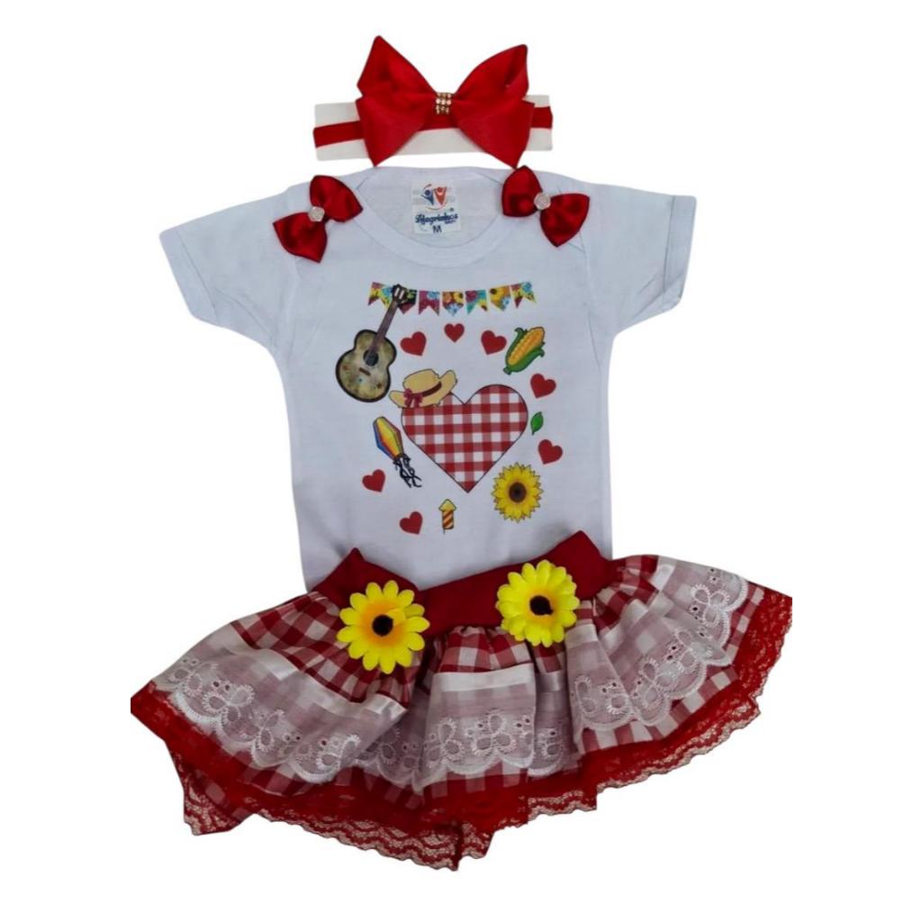 Conjunto Tutu Festa Junina Roupa Bebê Menina Mesversário Fantasia Saia Xadrez Girassol, Body Coração Junino e Laço