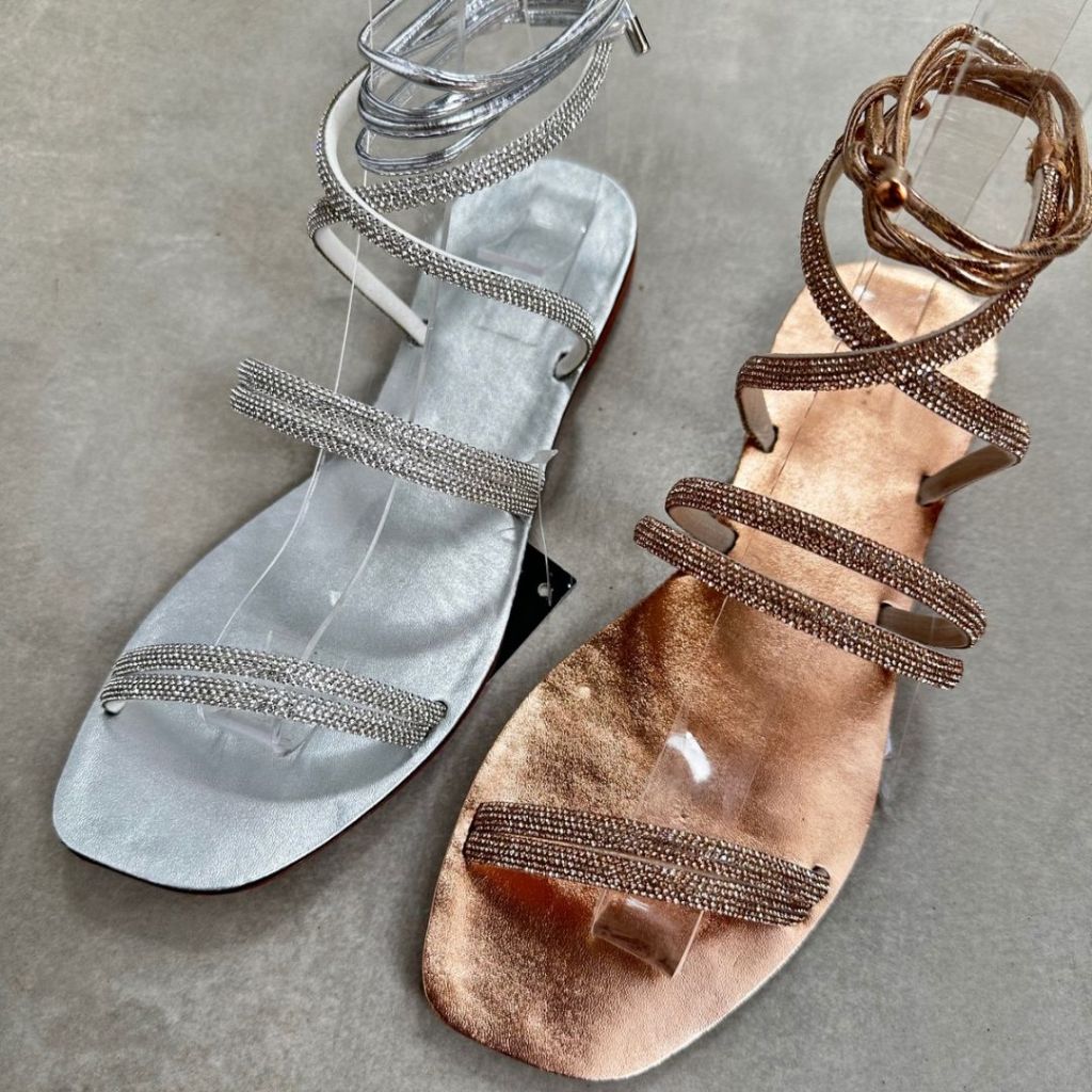 Rasteira Rasteirinha Feminina Strass Muito Brilho Prata Rose Gold Amarração