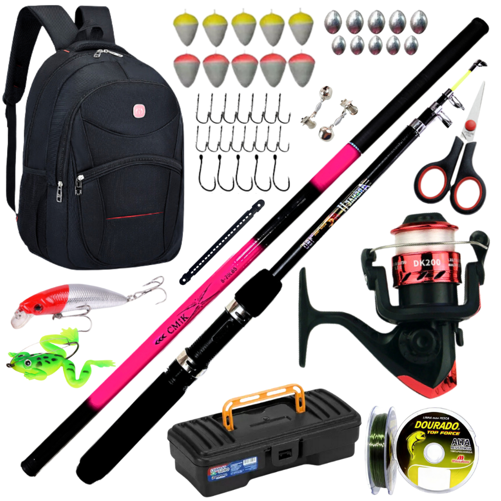Molinete de Pesca com Vara Telescópica Mão Mochila Isca Artificial Anzol Kit Pescar  Traira Tilapia