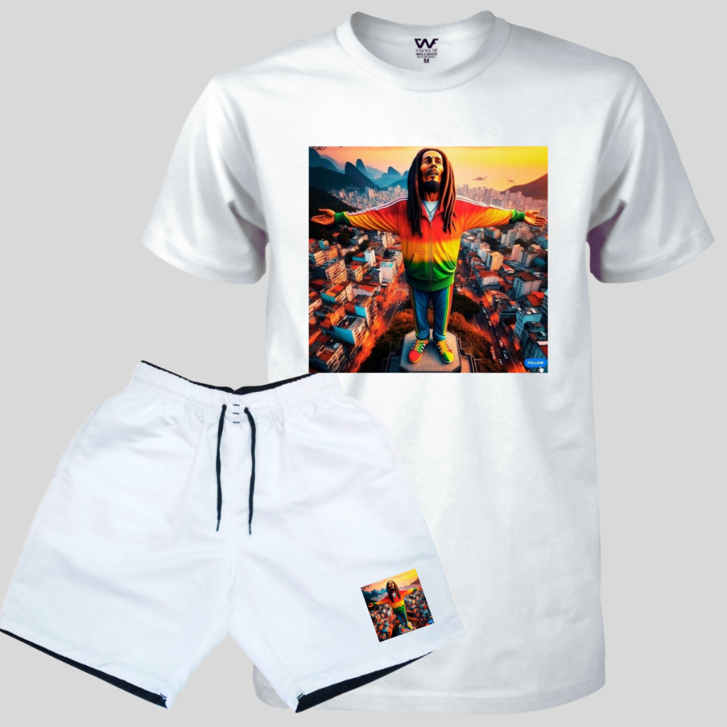 Conjunto Camiseta Bob Marley + Bermuda Reggae Masculina Elastano Lançamento