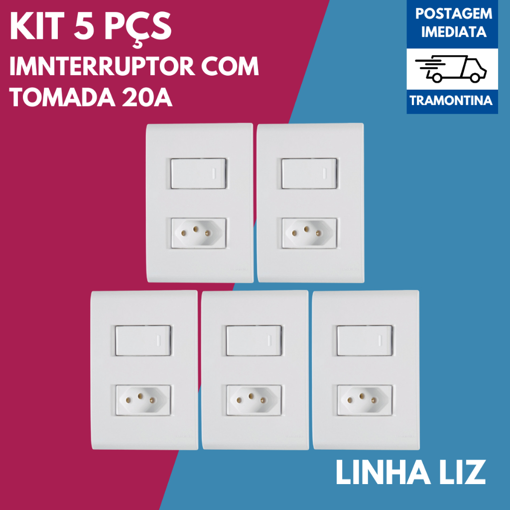 5 x Interruptor 1 Tecla com Tomada 20A Tramontina LIZ Placa 4x2 de Embutir em Oferta na Shopee