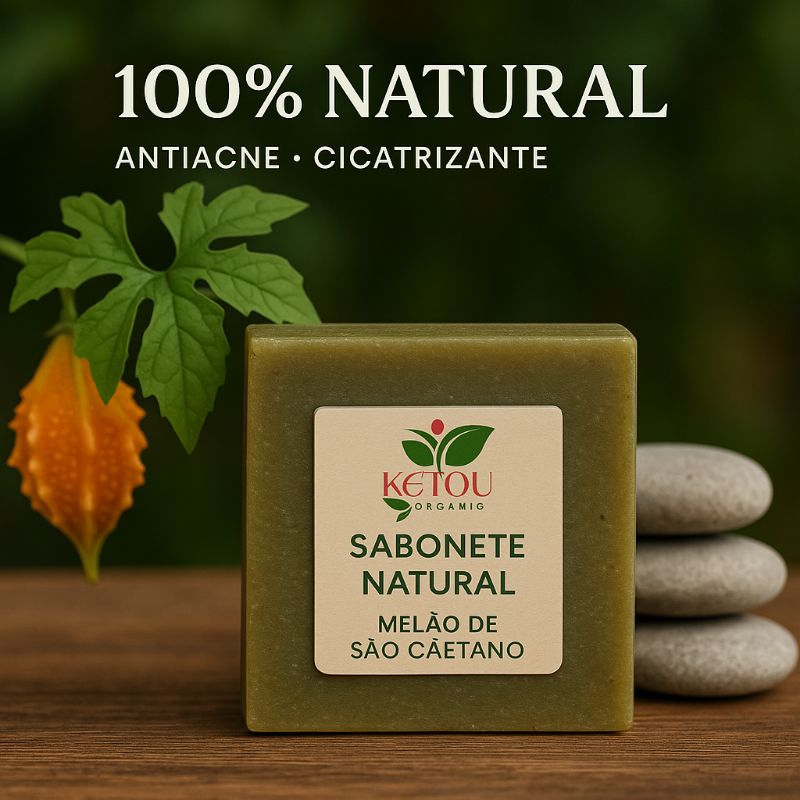 Detalhes do Sabonete Natural de Folhas de Melão de São Caetano | Antiacne, Cicatrizante, Pele Saudável, Ideal para todos os tipos de