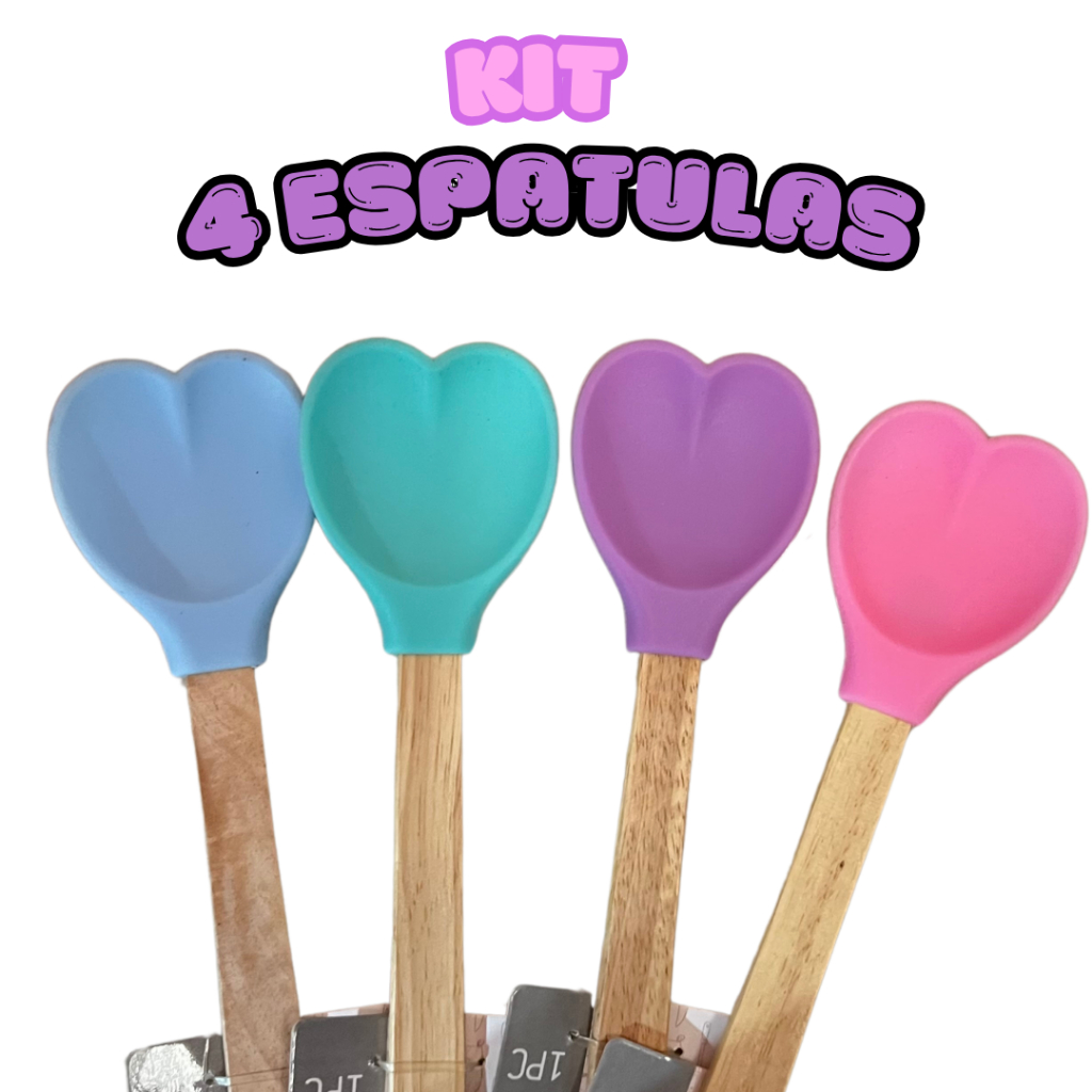 Kit 4 Espátulas Colher De Silicone Com Cabo De Bambu Madeira Cozinha Confeitaria em formato Coração