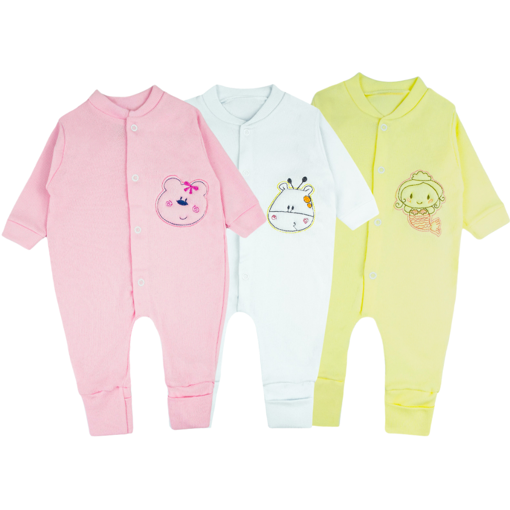 Kit 3 Macacão de Bebe Liso Canelado Poliester Vira pé (P/M/G) - Baby Greg em Oferta na Shopee