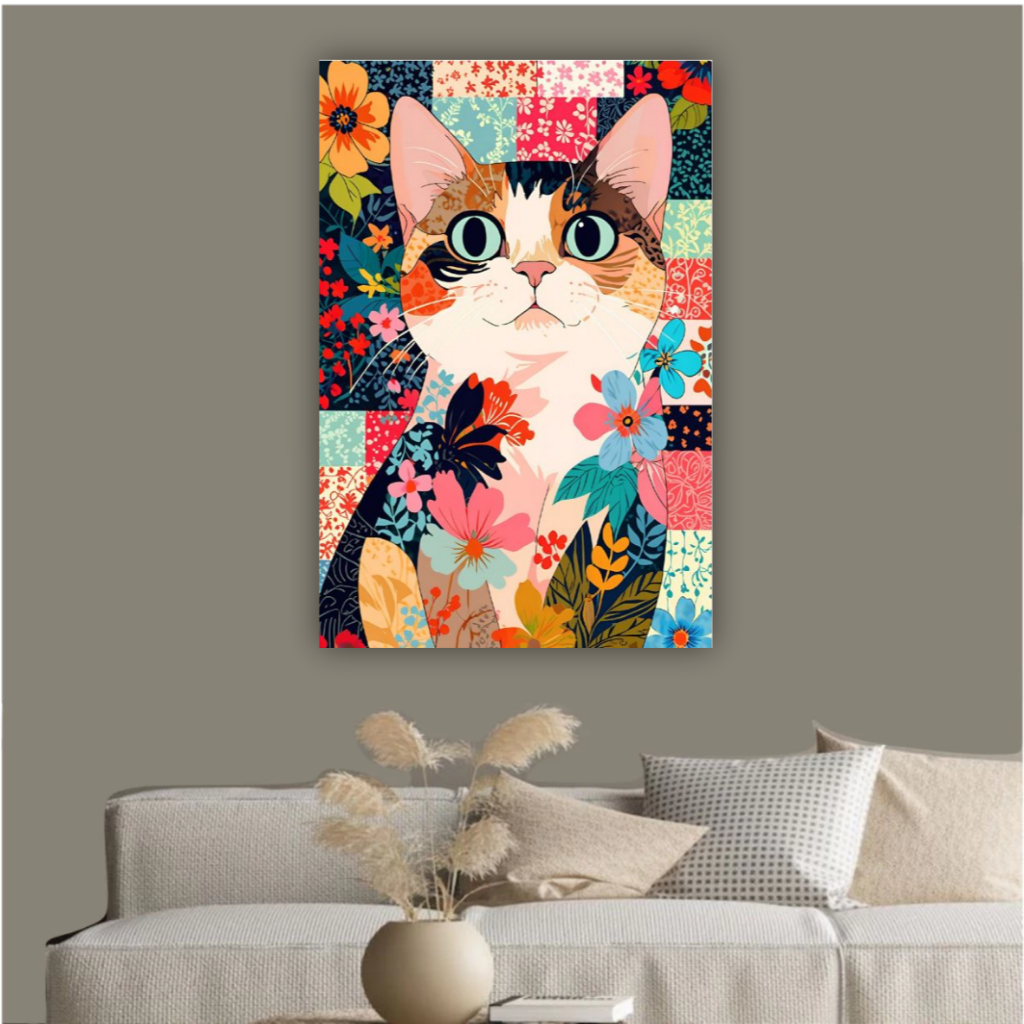 Quadro decorativo gato tricolor colorido flores floral decoração para sala quarto animais petshop em Oferta na Shopee
