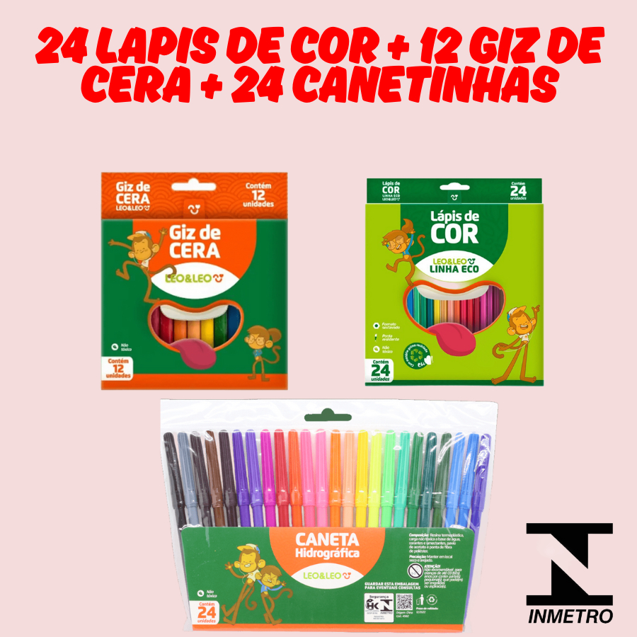 KIT Lápis De Cor 24 Cores E Giz De Cera 12 Cores E Canetinha 24 Cores Escolar Infantil Pintura Arte