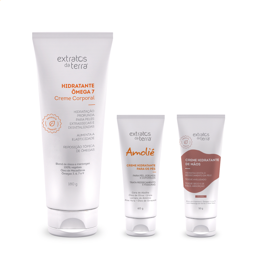 Kit Completo de Hidratação Corporal: Hidratante ÔMEGA 7, Creme de Pé, Creme de Mão Extratos da Terra