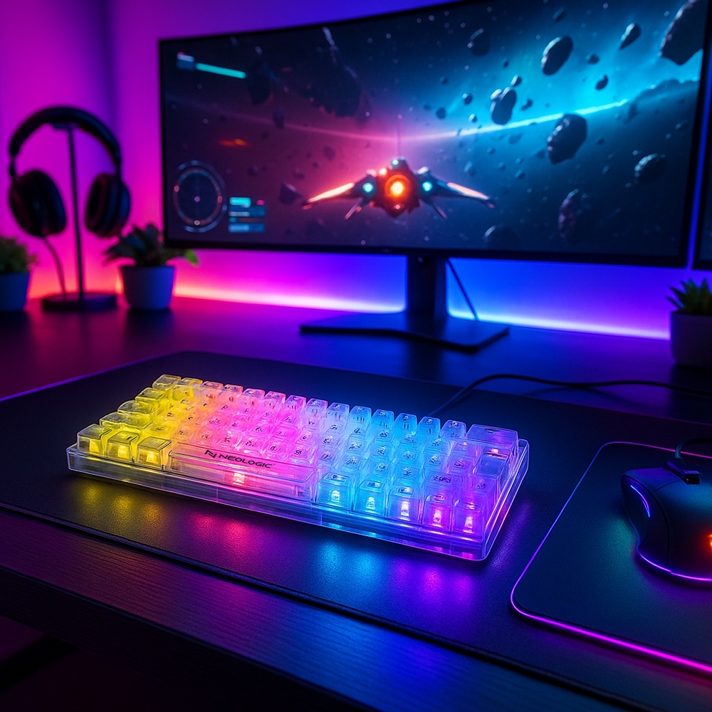 TECLADO GAMER MECANICO NEOLOGIC CRYSTAL EDGE, 65%, TRANSPARENTE, RAINBOW, SWITCH BRANCO TECLADO GAMER MECANICO NEOLOGIC CRYSTAL EDGE, 65%, TRANSPARENTE, RAINBOW, SWITCH BRANCO