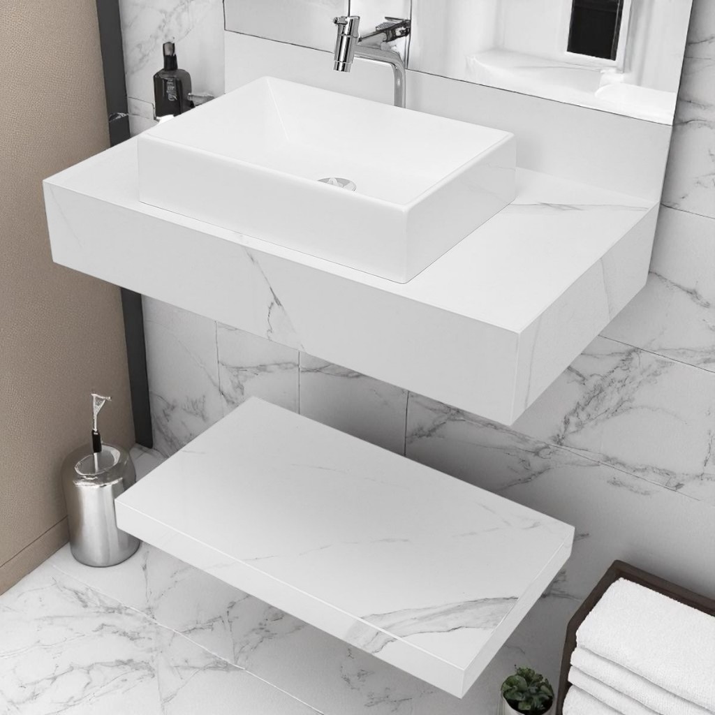 Kit Completo Porcelanato Calacata Grey Bancada Cuba Sobreposta Banheiro 62x36x11