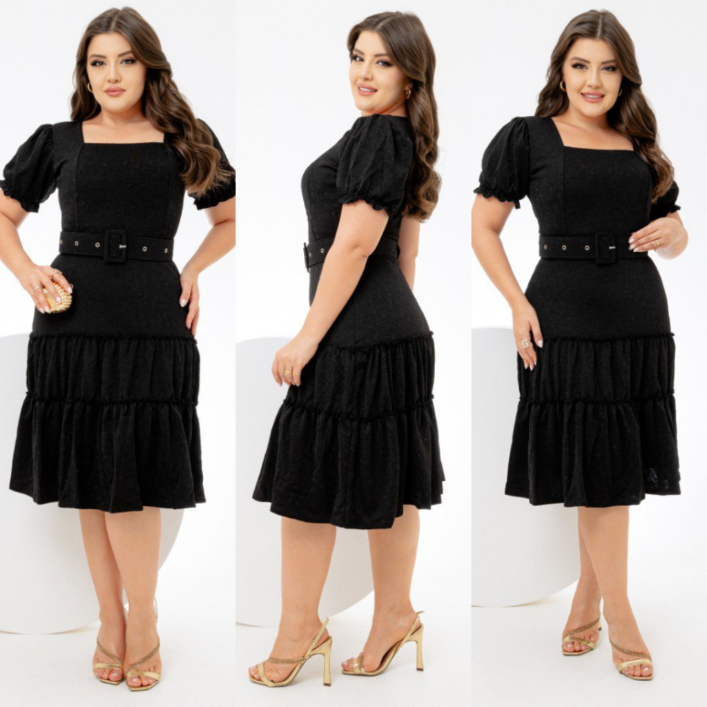 Vestido Cecília Preto com Cinto Moda Feminina Modesta Promoção