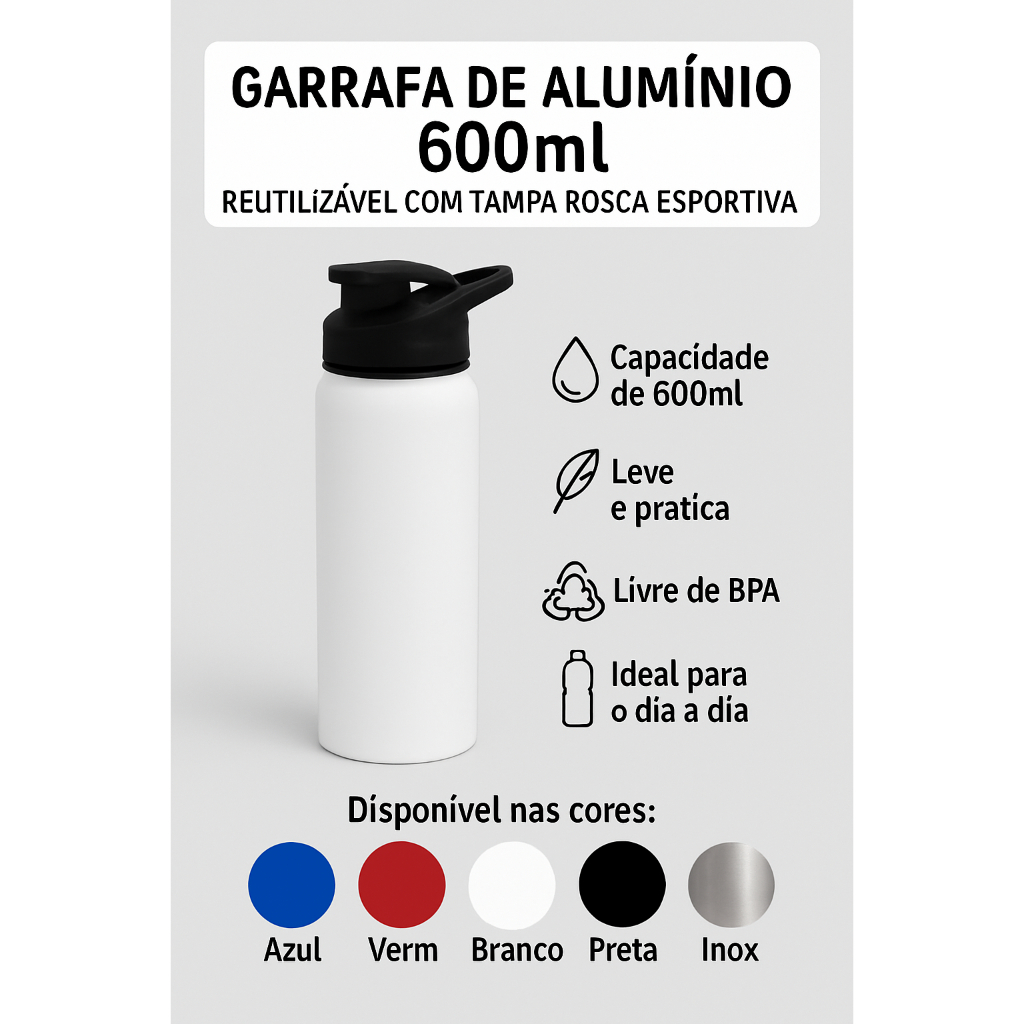 Garrafa Alumínio Personalizada 650ml Cores Premium | Preta, Azul, Vermelha, Inox e Branca em Oferta na Shopee