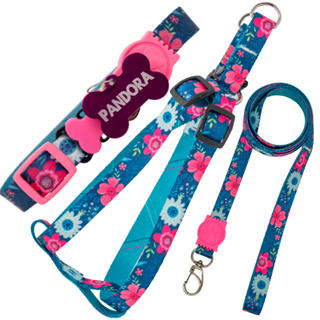 coleira com nome e telefone peitoral e guia kit personalizado pet cão em Oferta na Shopee