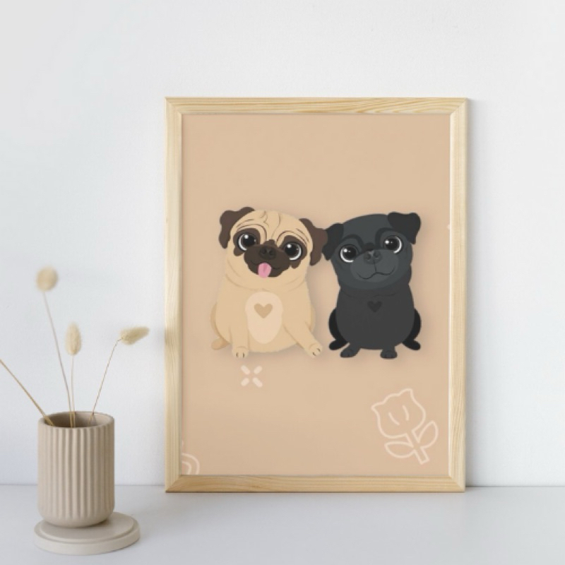 Quadro Decorativo Peça Única 20x30cm Pets Cachorrinhos Fofos Raça Pug - Decoração Placa Mdf Moldura