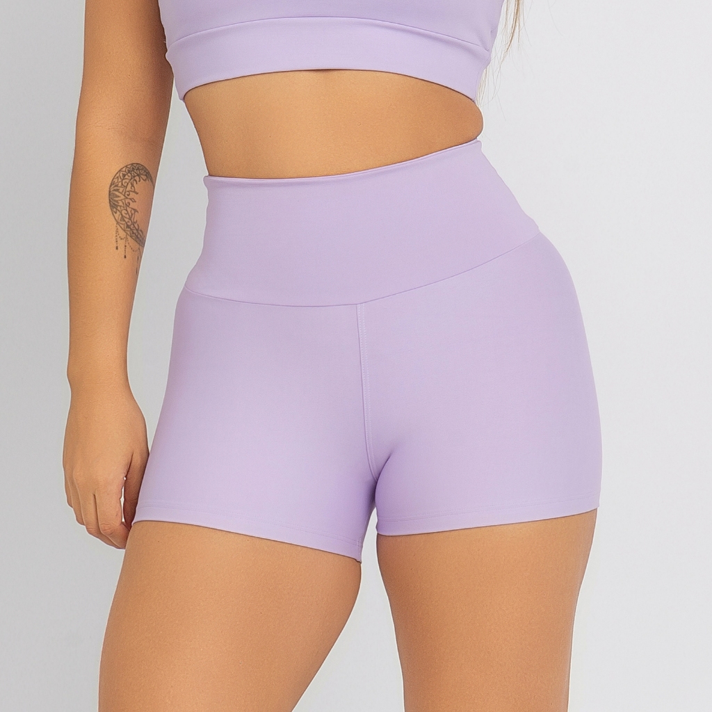 Short Premium Lilás Feminino Poliamida Cós Alto Zero Transparência Fitness Academia SH209