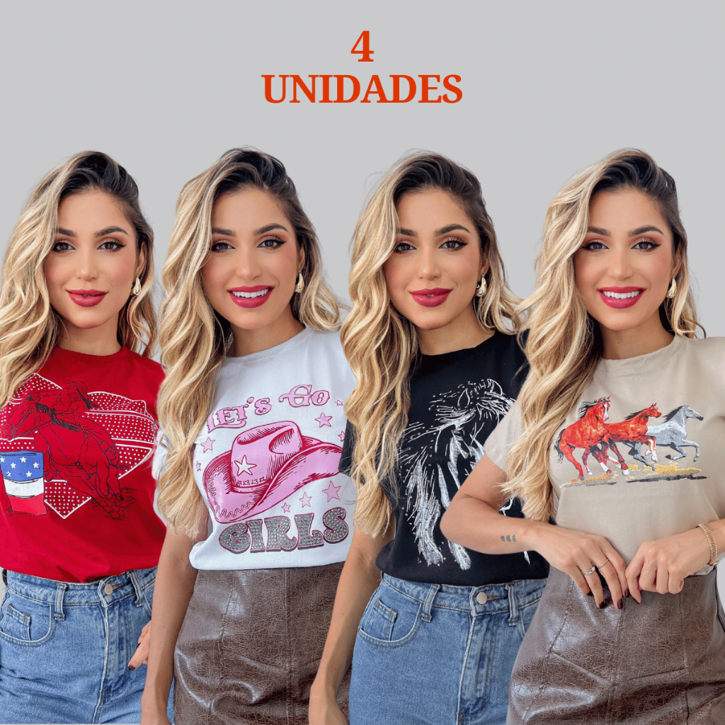 Kit 4 Blusas tshirt feminina moda country algodão camisetas em Oferta na Shopee