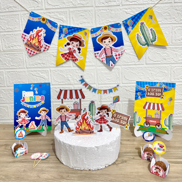 Kit Festa Junina Personalizado -Toppers, Painel, Plaquinhas Decorativas, topo de bolo, bandeirola, festa só um bolinho