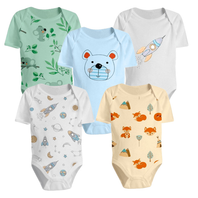 Kit 5 Bodys Estampado ou Liso Roupa Bebê Manga Curta Menino e Menina