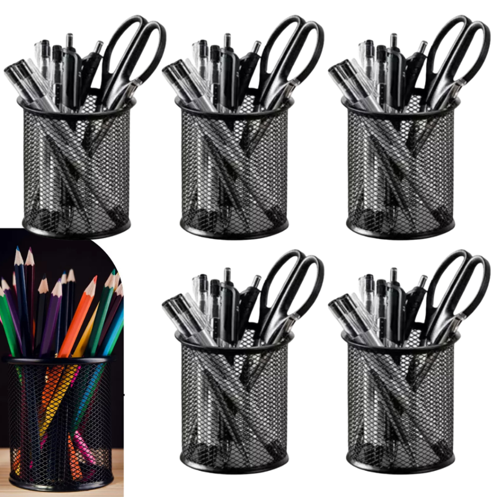 Kit 5 Porta Lápis Caneta Organizador de Mesa de Escritório Metal Aramado Papelaria Colorido