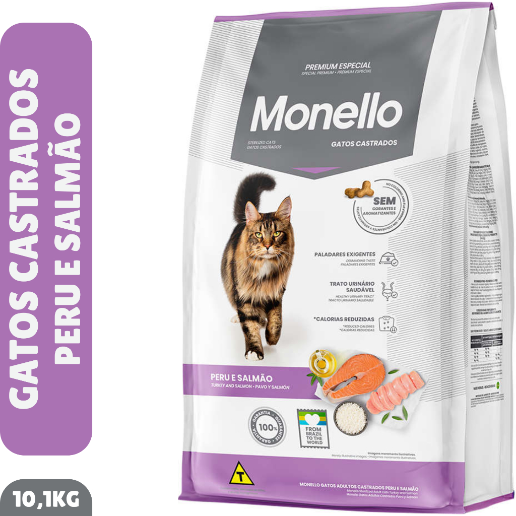 Ração Monello Gatos Castrados Peru e Salmão 10,1kg em Oferta na Shopee
