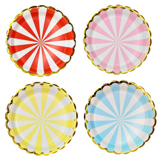 Kit 8 Pratos de Papel Festa Circo Listrado com Borda Dourada 18 cm – Inspire sua Festa Loja