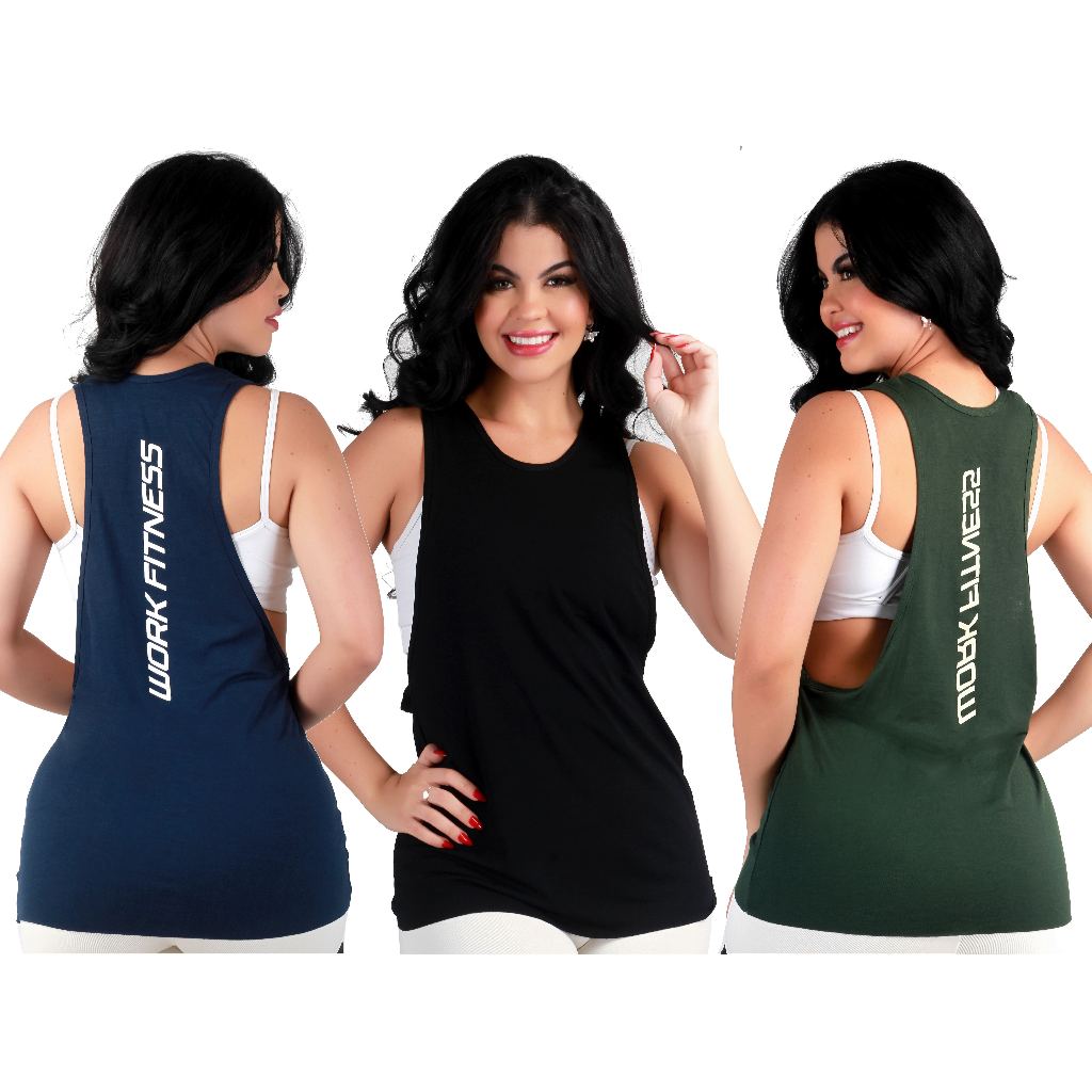 Kit 3 Blusa Camiseta Regata Cavada Estampada Costas — imagem 2 de 2