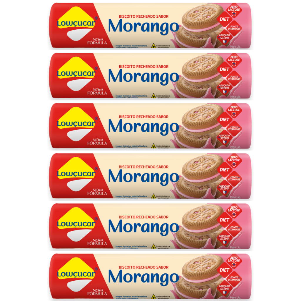 Biscoito Recheado Sabor Morango 120g, Lowçucar Zero Açúcares, Zero Lactose, Diet, com Stevia Kit 6