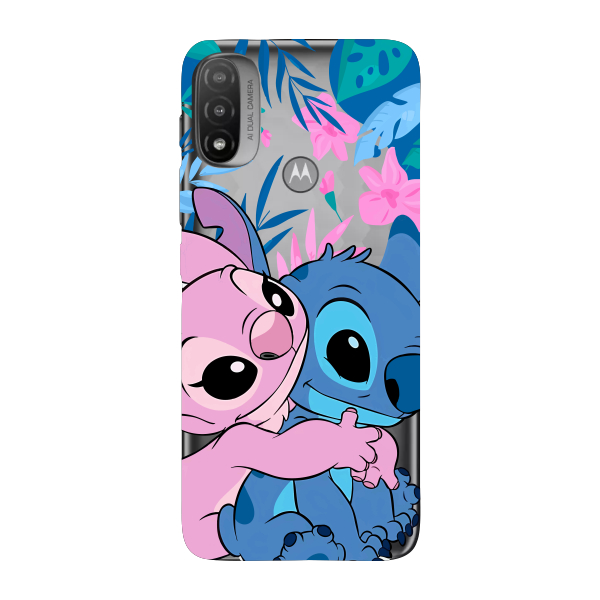 Capinha para Moto E20 Anti Impacto Personalizada - Stiti Stich e Angel Abraço com fundo transparente em Oferta na Shopee