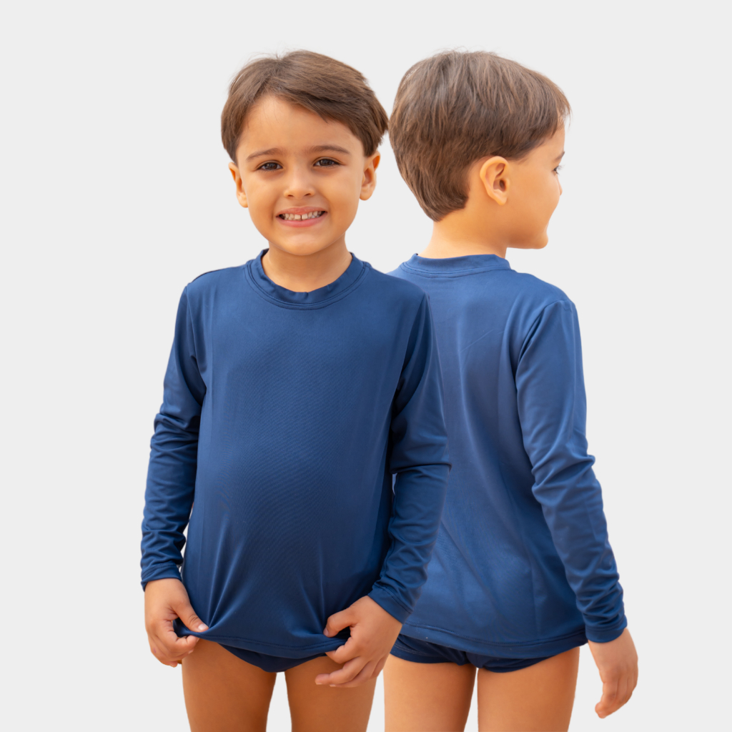 Camisa Infantil Proteção Solar UV Azul Marinho Blusa Manga Longa Proteção Menino Menina Bebê Criança