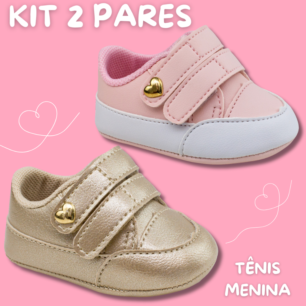 Kit 2 Pares Sapatinho Bebê Tênis Infantil Menina Coração Confortável 13 ao 18 Envio Rápido em Oferta na Shopee