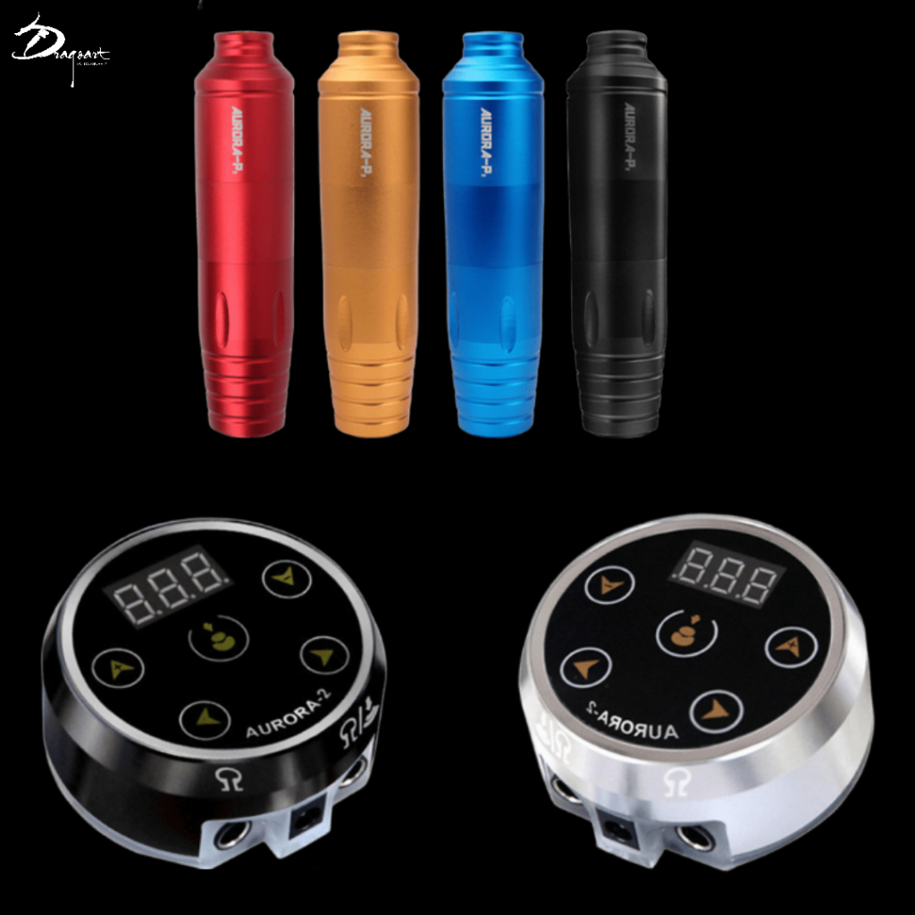 Kit Pen Rotativa para Tatuagem Aurora P2 + Fonte Aurora 2, visor de LED e Painel Touch Dragoart