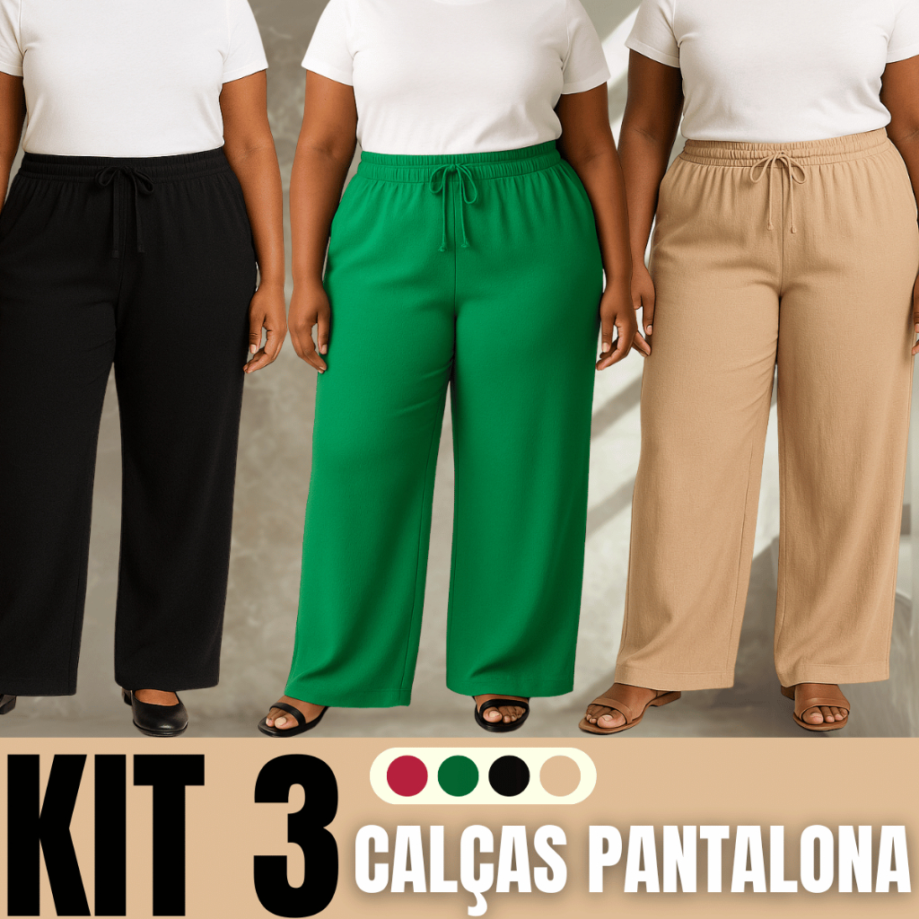 Kit com 3 Unidades Calça Pantalona Plus Size Inverno M ao G3 Tecido Duna Cintura Alta Moda