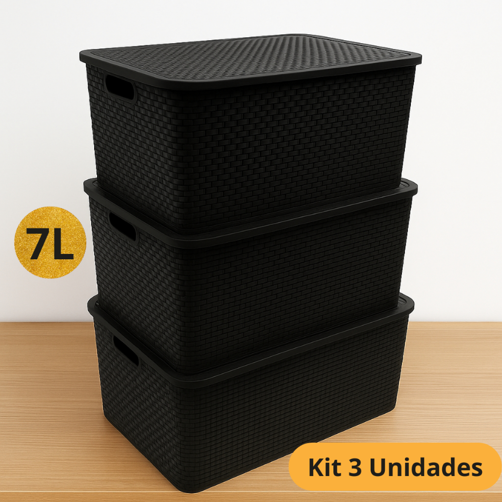 Kit 3 Caixa Organizadora Rattan Com Tampa 7 Litros Multiuso Brinquedos Roupas Ferramentas Cozinha