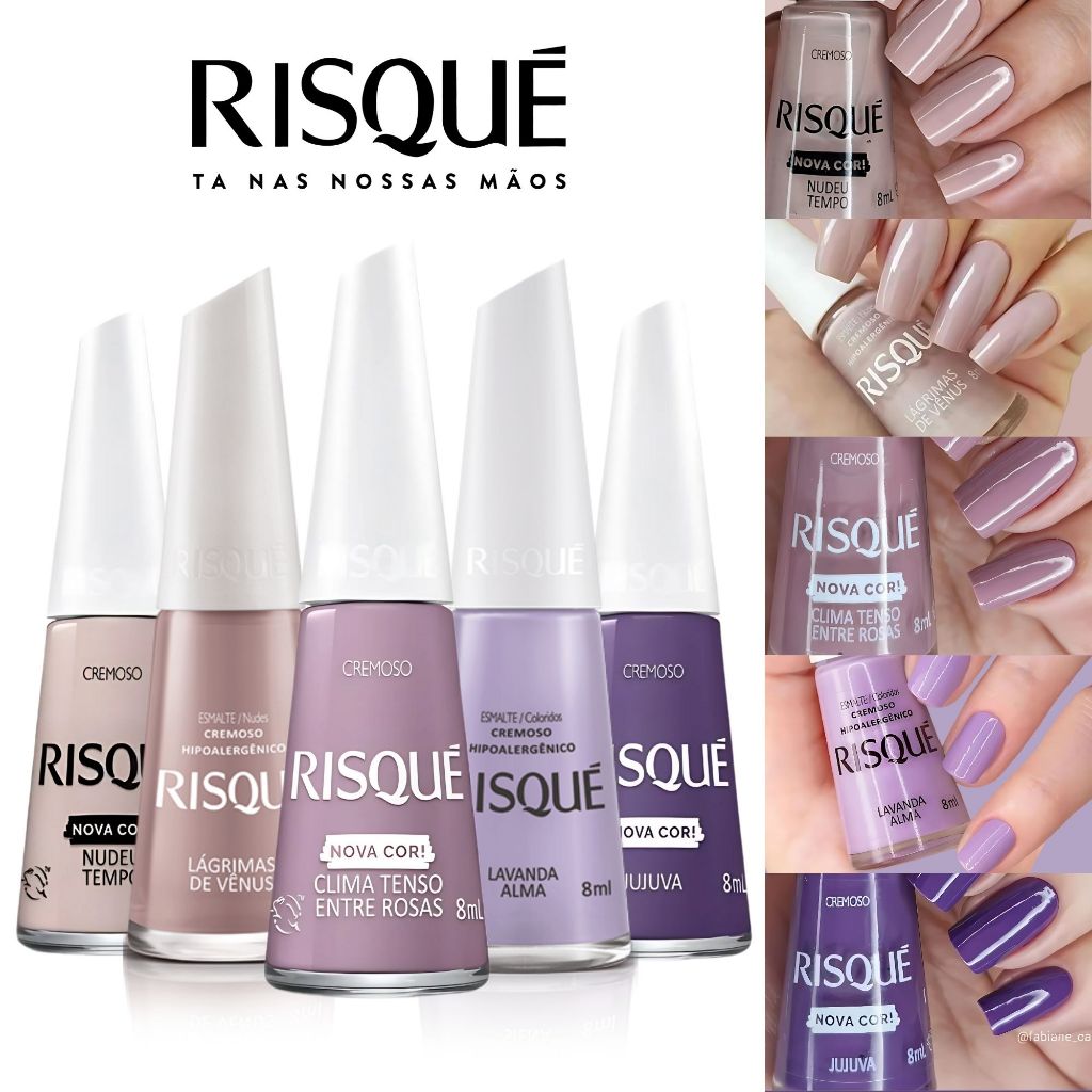Kit 5 Esmaltes Risqué Novas Cores Cremosas Tons Nude Rosa Lilás Esmalte Atacado