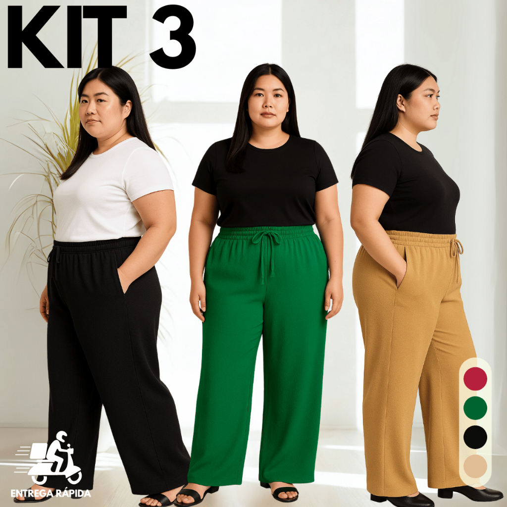 Kit 3 Calça Pantalona Feminino Plus Size Moderna Tecido Duna Cintura Alta Gordinha M-G3 Confortável