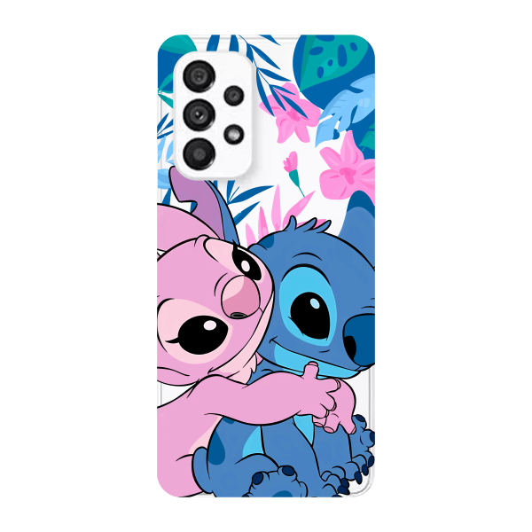 Capinha para Samsung A53 5G Anti Impacto Personalizada - Stiti Stich e Angel Abraço com fundo transparente