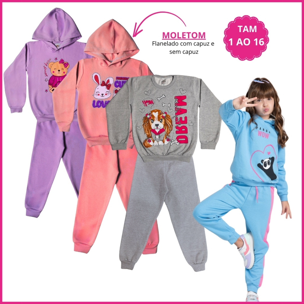 Kit 4 Peças Conjunto Moletom Infantil Menina Inver 2 Blusa Moletom 2 Calça Legging Flanelada 1 ao 16