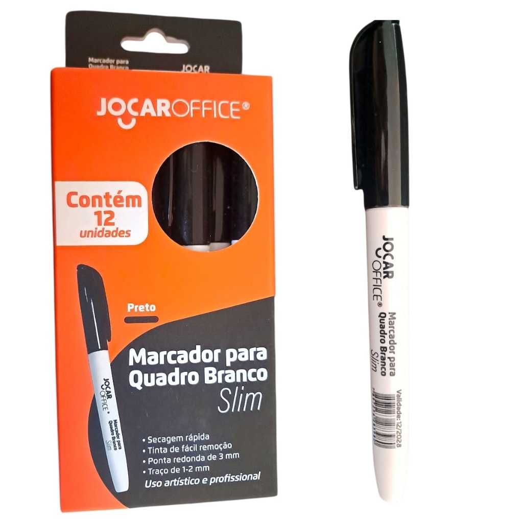 Caixa 12 Marcadores para Quadro Branco Slim | Cor Preto Azul Jocar Office - Lousa Branc