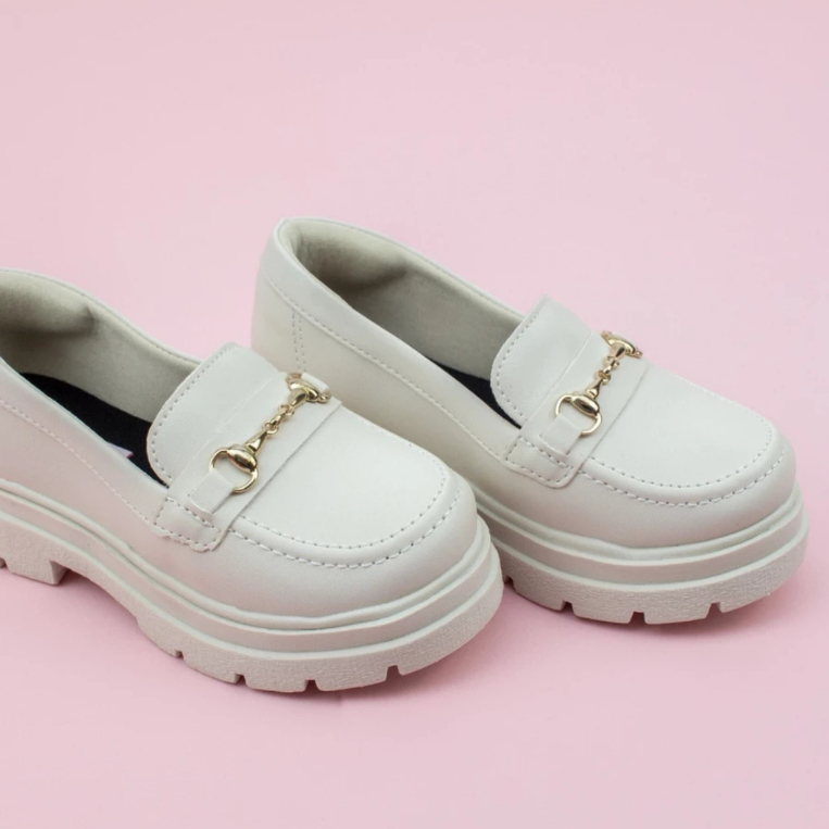 Mocassim Oxford Infantil Menina Glady Moderno Social Preto Off White Dourado Qualidade Lançamento