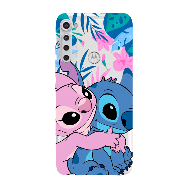 Capinha para Moto One Fusion Plus Anti Impacto Personalizada - Stiti Stich e Angel Abraço com fundo transparente