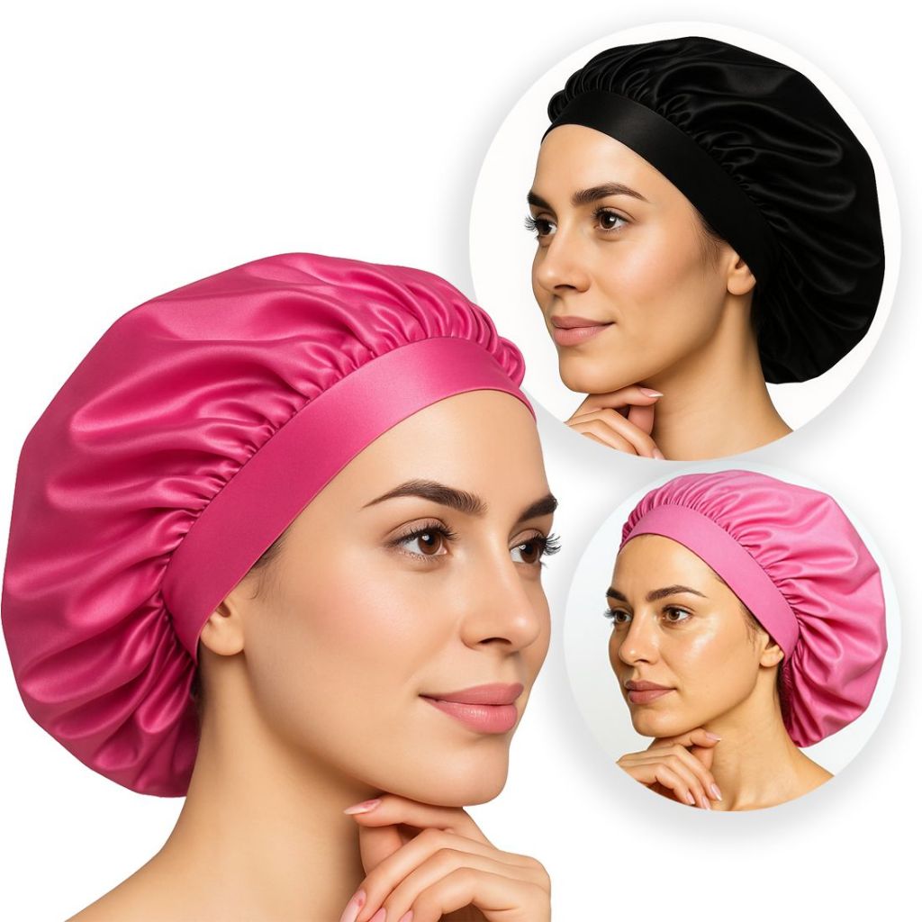 Touca de cetim dupla com faixa em malha elástica ,não marca e nem aperta