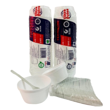Pote Isopor térmico 240ml 50unidades + Colher refeição  caldo 50unidades