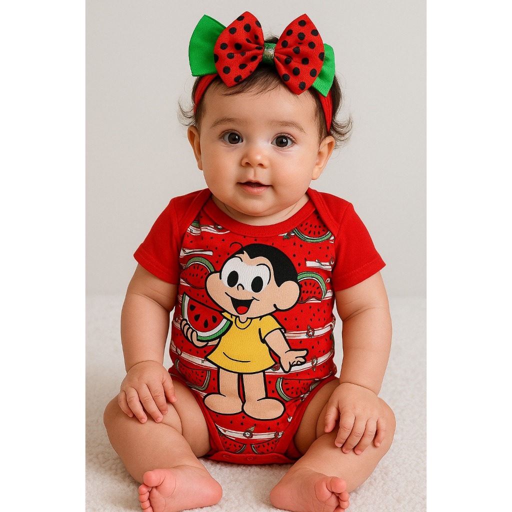 Body de Bebê Mesversario Personagem  Temático Kit Body + laço + Saia MAGALI – MELANCIA