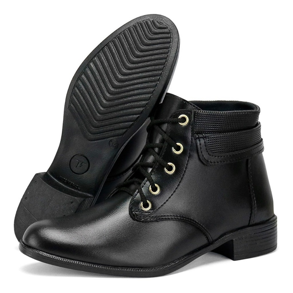 Bota Feminina  Coturno Cano Curto Amarração  Casual Feminina Montaria  Salto Baixo Bico Redondo Leve