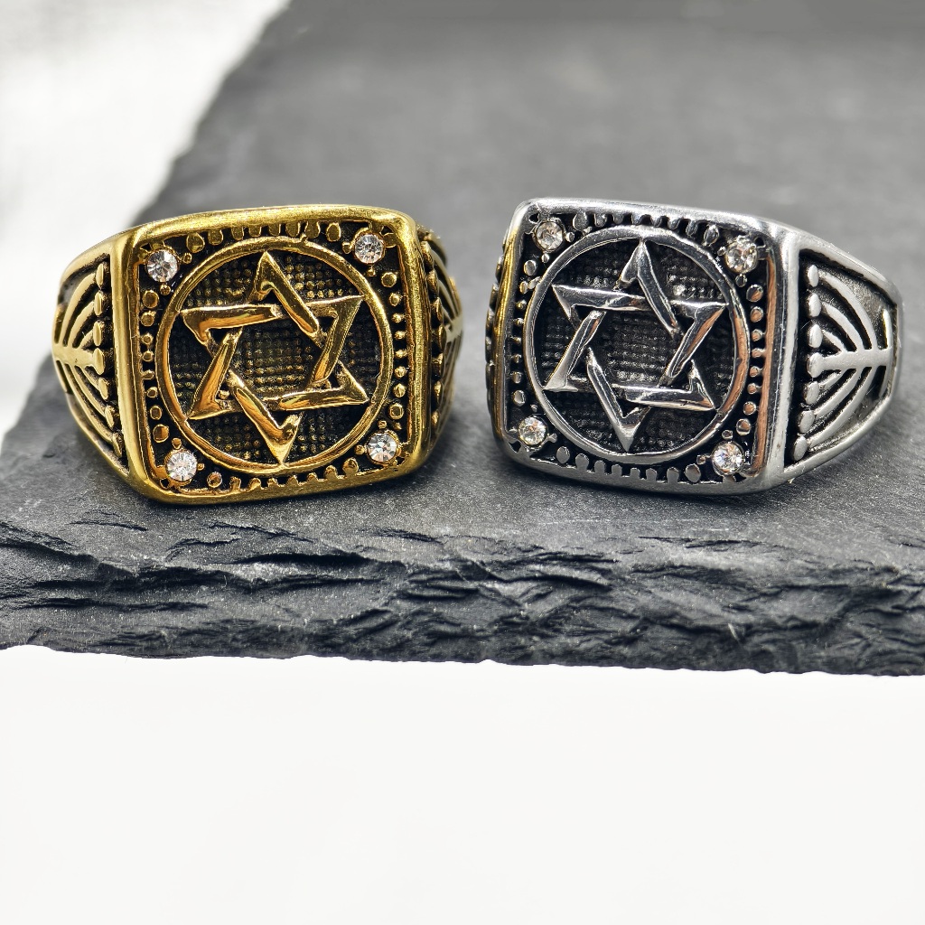 Anel de Masclino Dedeira Anel Estrela de Davi Cravejada Moeda inox banhado ring Dourado presente