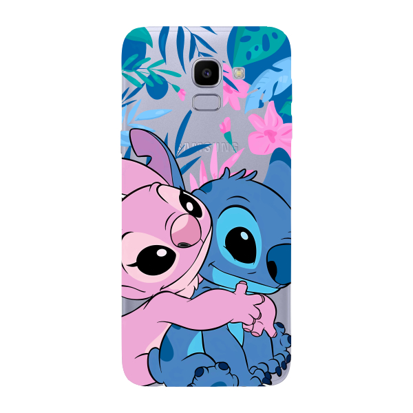 Capinha para Samsung J6 Anti Impacto Personalizada - Stiti Stich e Angel Abraço com fundo transparente