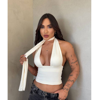 Cropped Cruzado Top Amarração Nozinho Multiformas Livia Rafaelle Decotado Com Costa Nua Moda Blogueira Tendecia