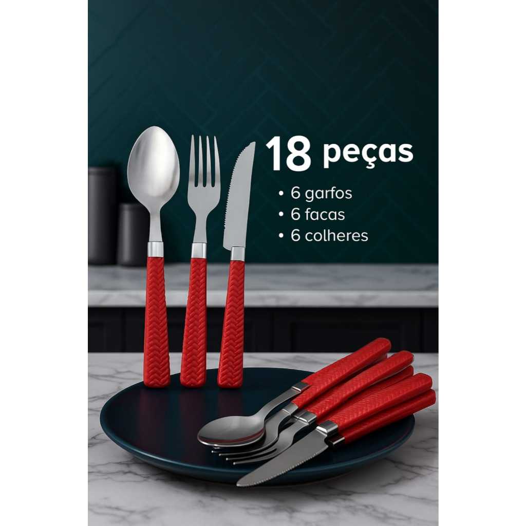 Kit de Talheres Premium Importado  – Rosa/Vermelho/Preto – Alta Qualidade e Design Luxo
